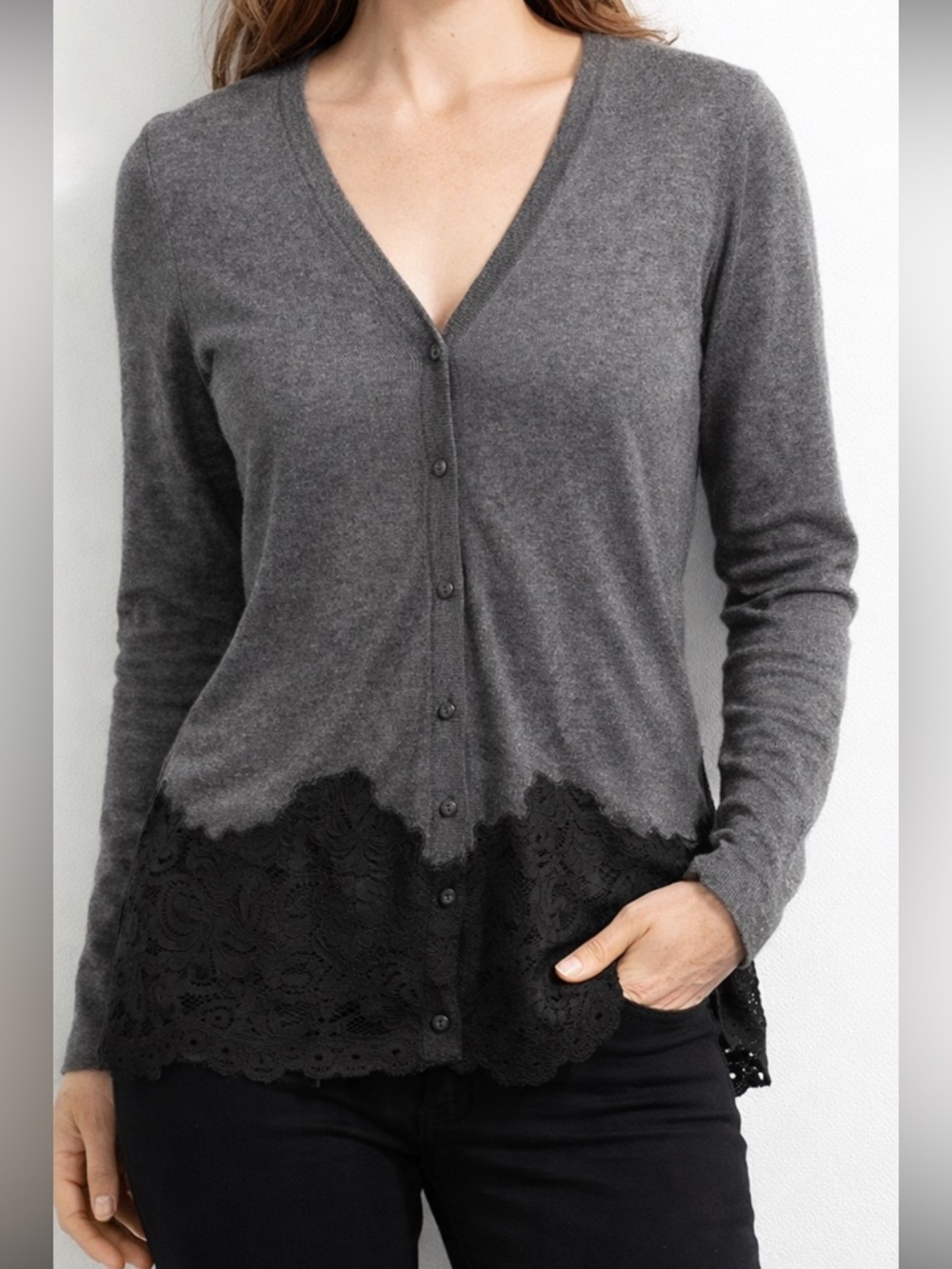 White House Black Market Gray V-Neck Cardigan with Black Lace Hem Size Small